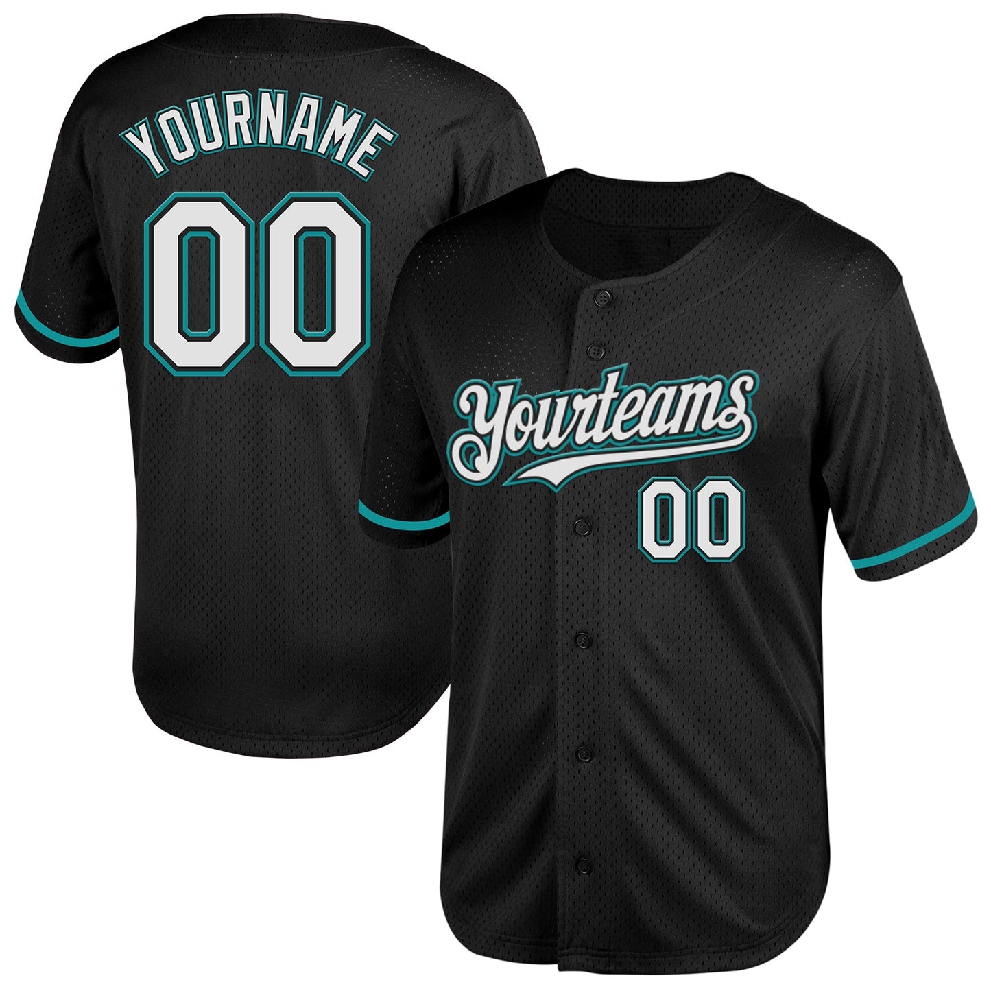 Custom Black White-Teal Mesh Authentic Throwback Baseball Jersey - Main View