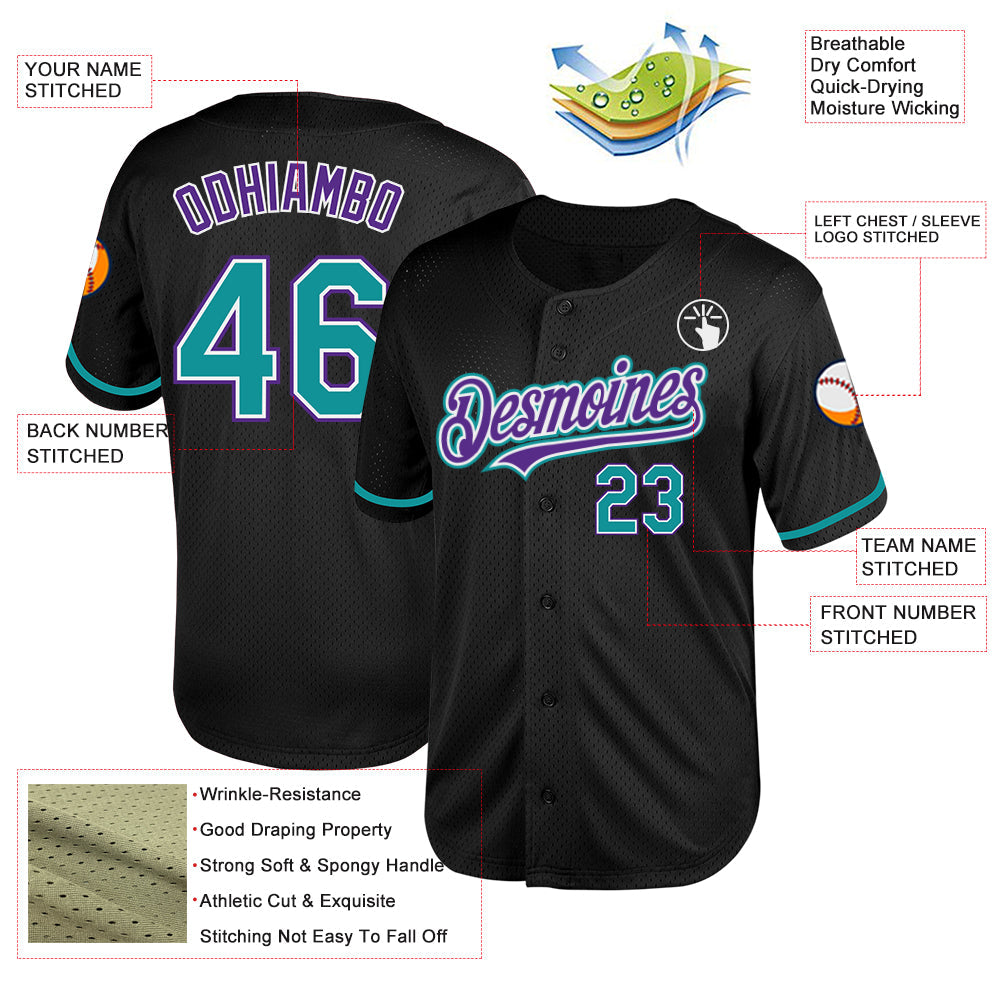Custom Black Teal-Purple Mesh Authentic Throwback Baseball Jersey view 3