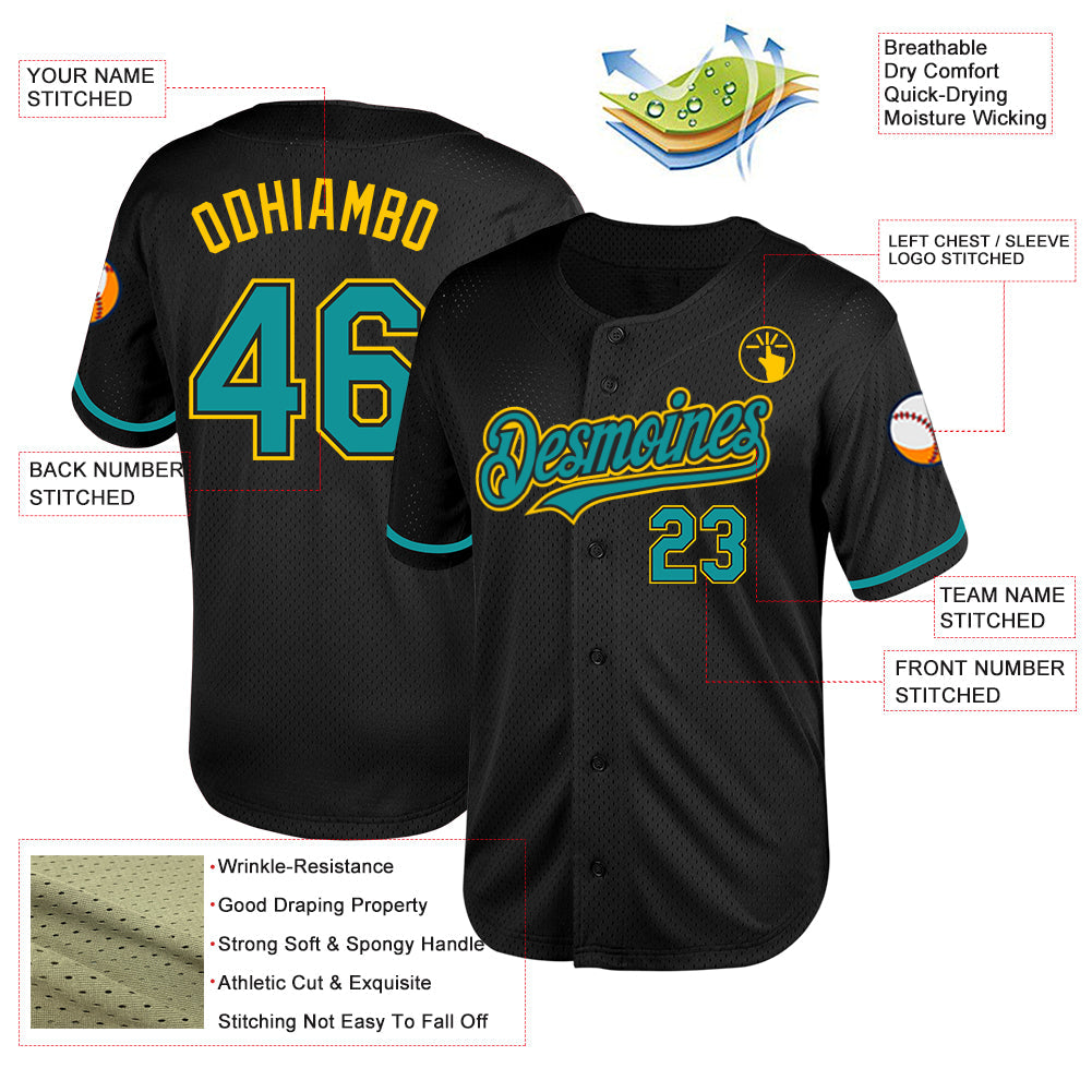 Custom Black Teal-Yellow Mesh Authentic Throwback Baseball Jersey view 3
