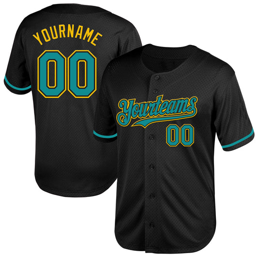 Custom Black Teal-Yellow Mesh Authentic Throwback Baseball Jersey - Main View