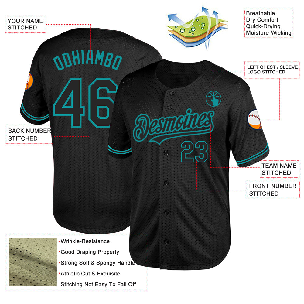 Custom Black Teal Mesh Authentic Throwback Baseball Jersey view 3