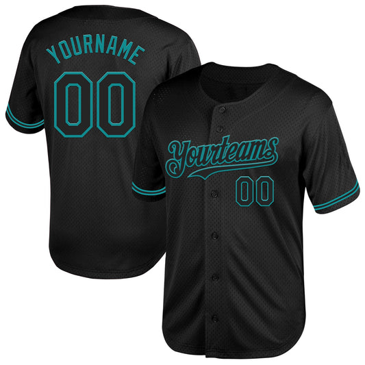 Custom Black Teal Mesh Authentic Throwback Baseball Jersey - Main View