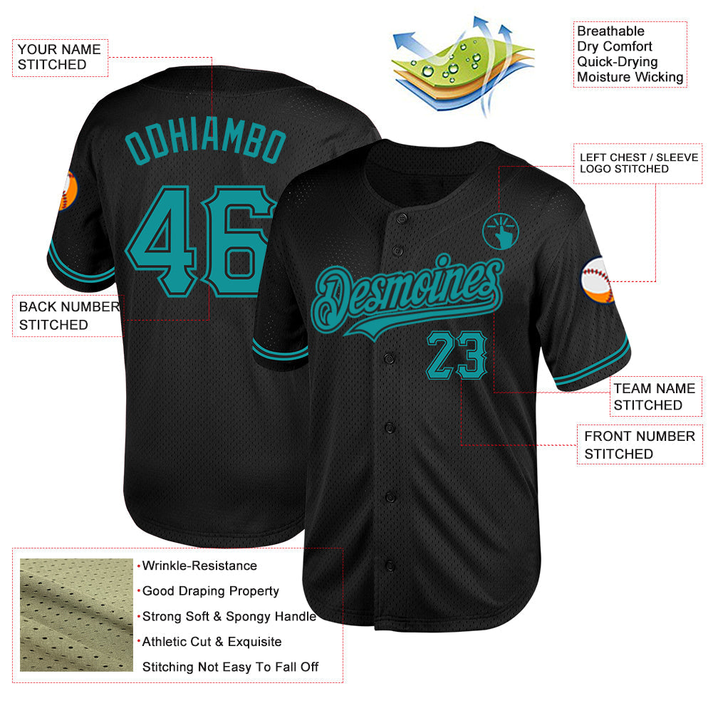 Custom Black Teal Mesh Authentic Throwback Baseball Jersey view 3