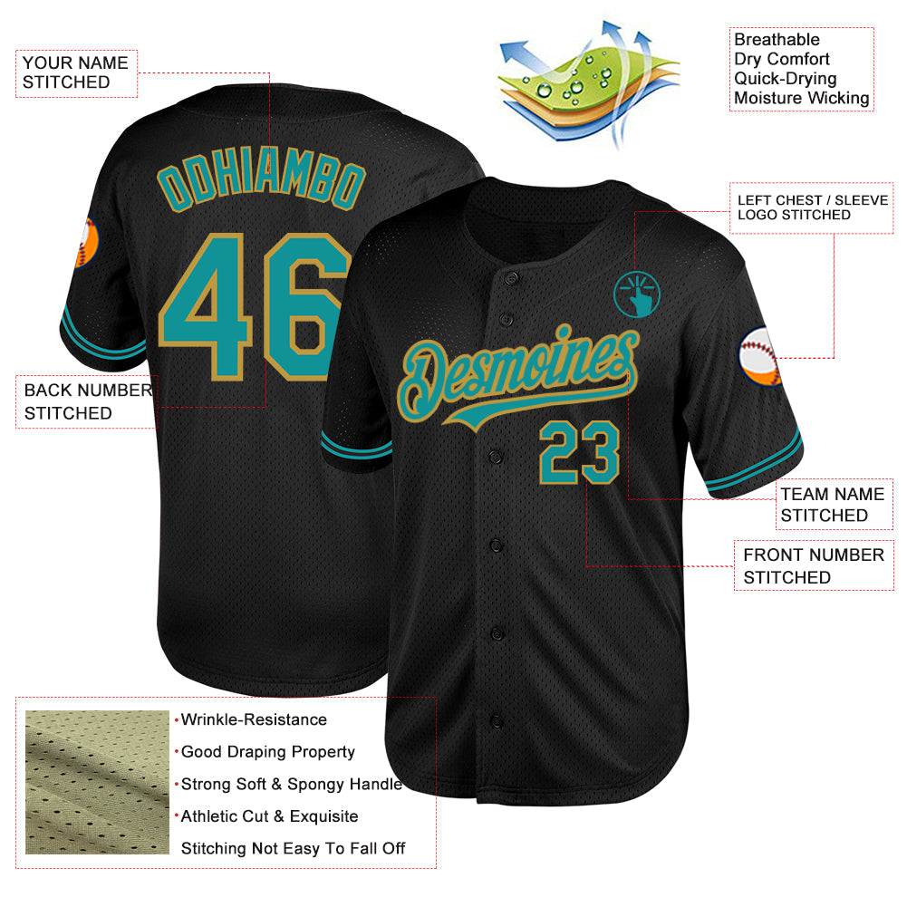 Custom Black Teal-Old Gold Mesh Authentic Throwback Baseball Jersey view 3