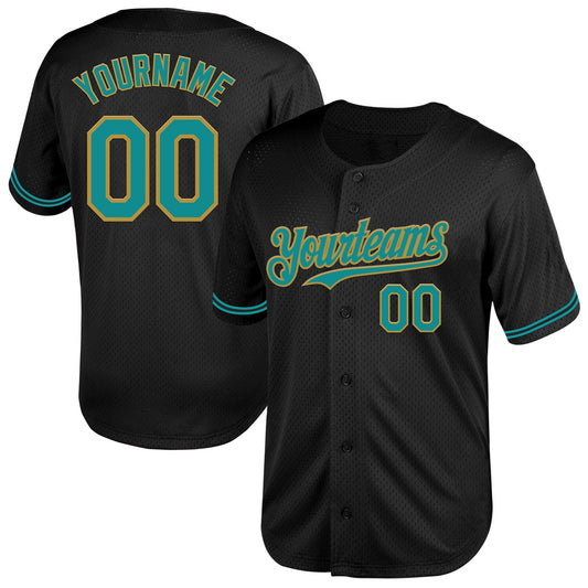 Custom Black Teal-Old Gold Mesh Authentic Throwback Baseball Jersey - Main View