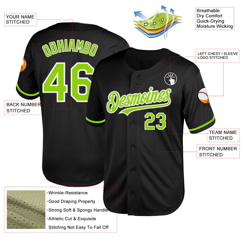 Custom Black Neon Green-White Mesh Authentic Throwback Baseball Jersey view 3