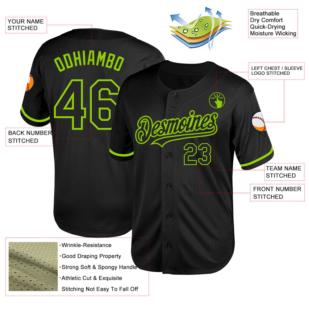 Custom Black Neon Green Mesh Authentic Throwback Baseball Jersey view 3