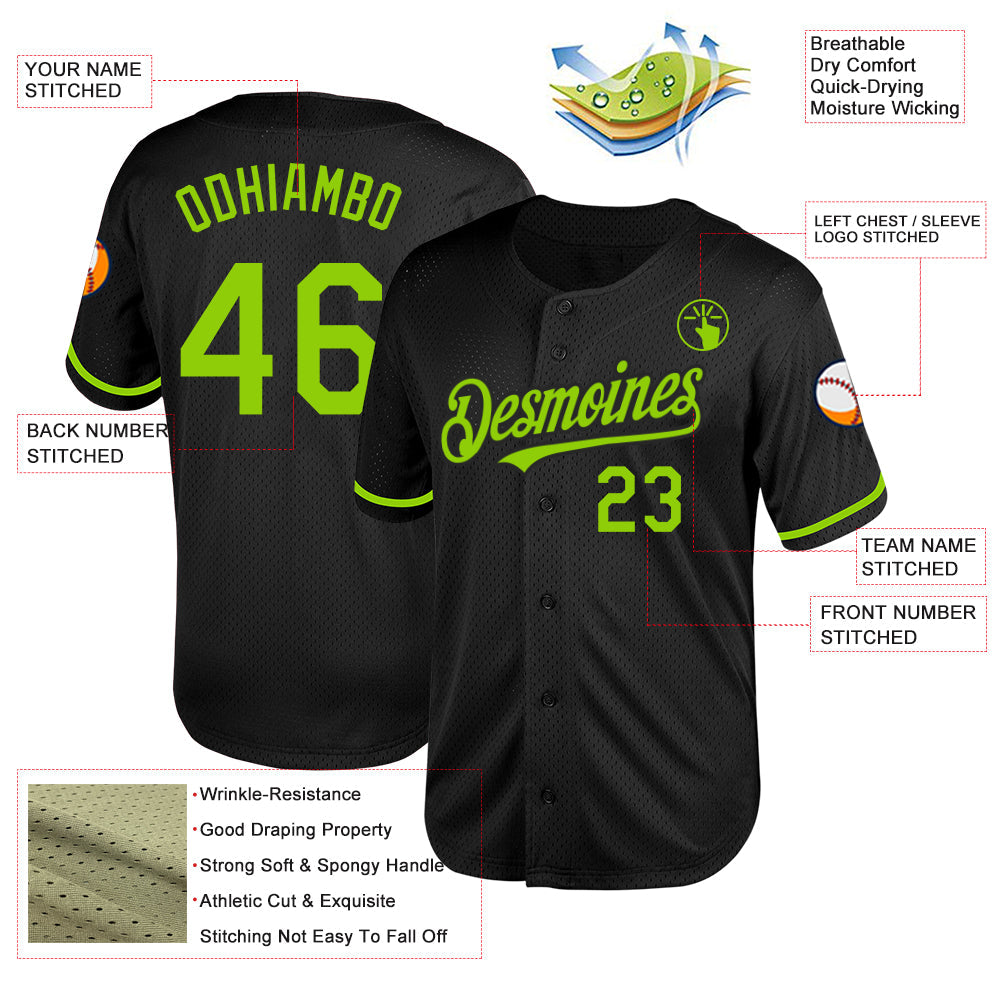 Custom Black Neon Green Mesh Authentic Throwback Baseball Jersey view 3