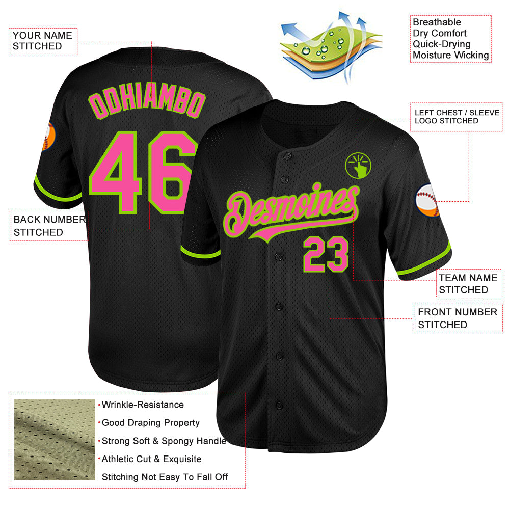 Custom Black Pink-Neon Green Mesh Authentic Throwback Baseball Jersey view 3