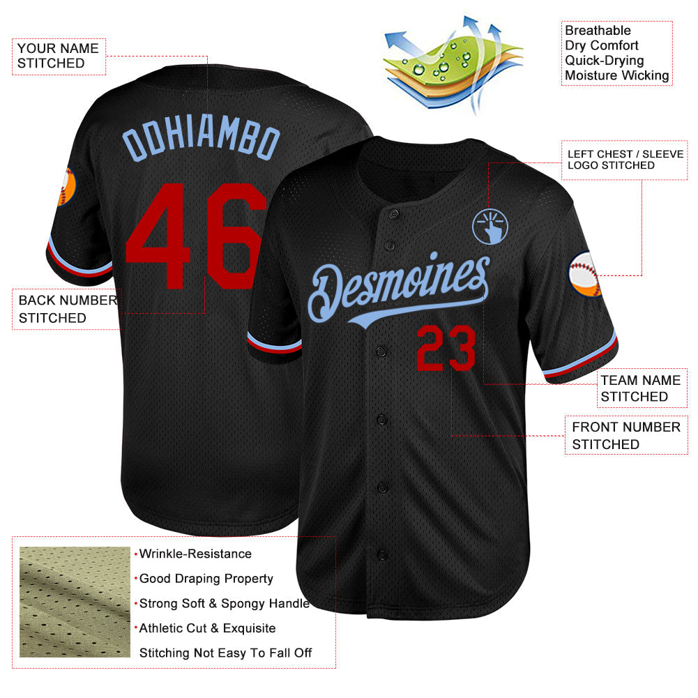 Custom Black Red-Light Blue Mesh Authentic Throwback Baseball Jersey view 3