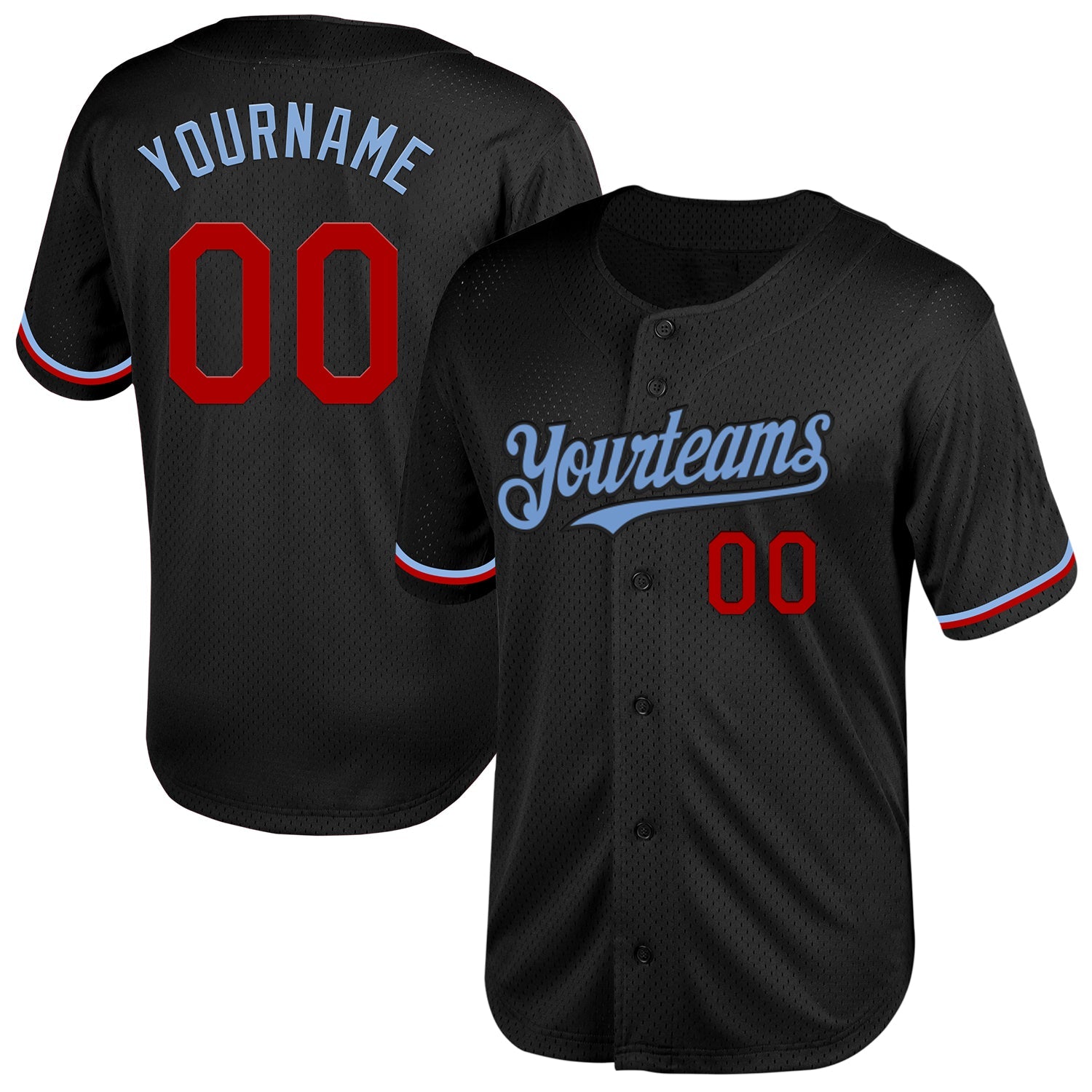Custom Black Red-Light Blue Mesh Authentic Throwback Baseball Jersey - Main View