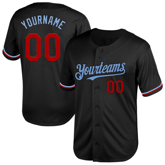 Custom Black Red-Light Blue Mesh Authentic Throwback Baseball Jersey - Main View