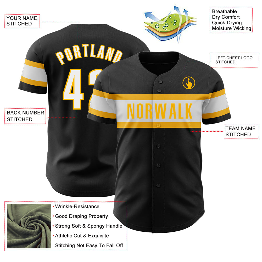 Custom Black White-Gold Authentic Baseball Jersey view 3