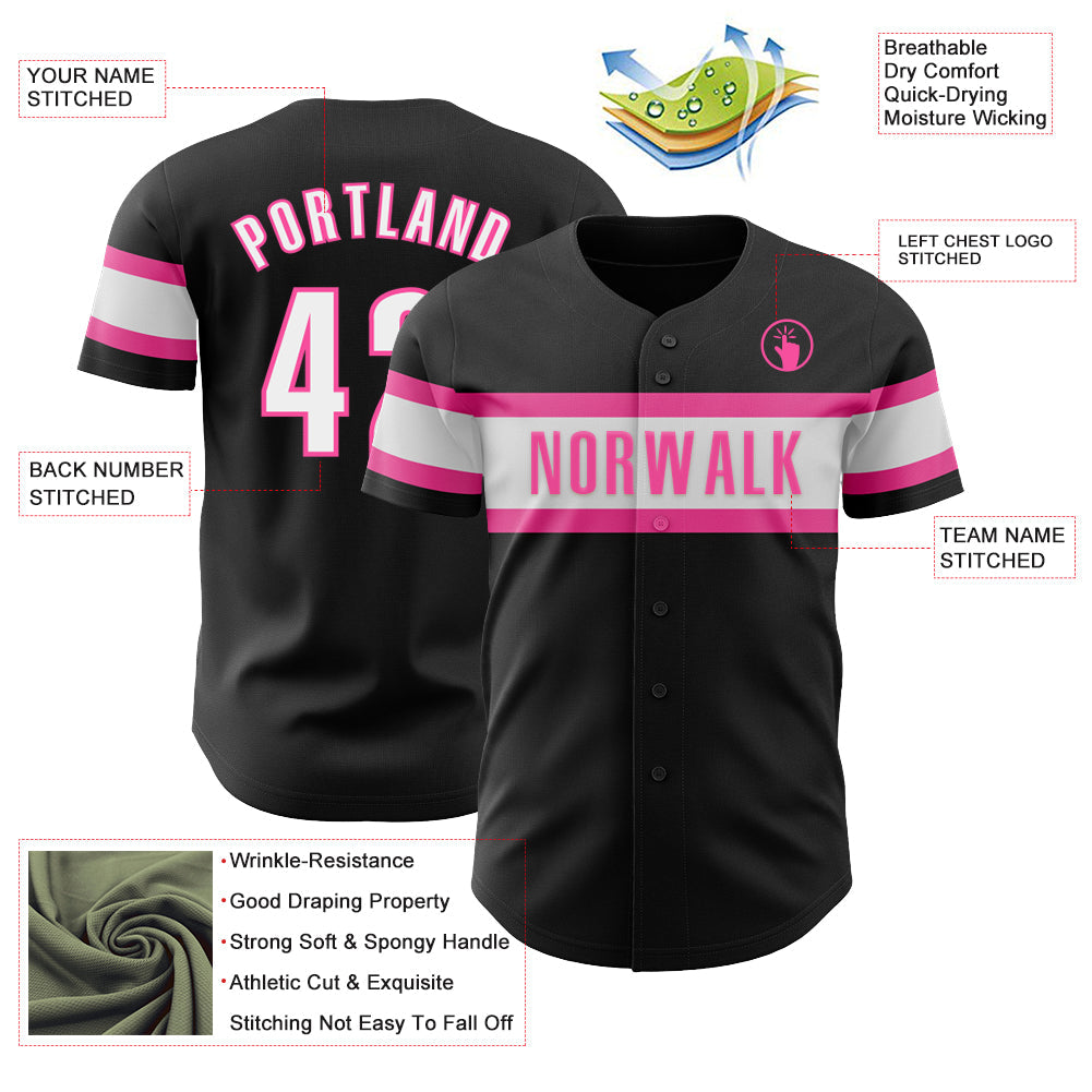 Custom Black White-Pink Authentic Baseball Jersey view 3