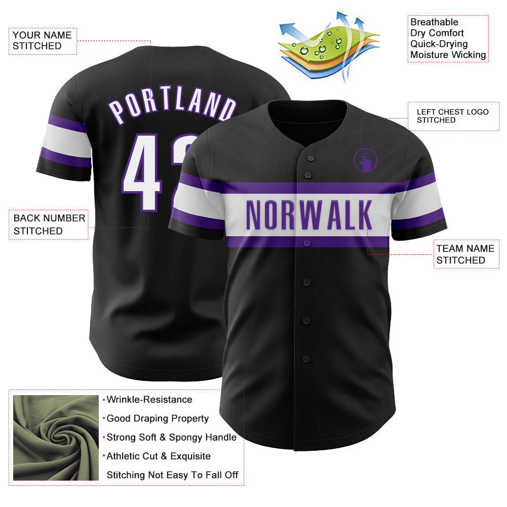 Custom Black White-Purple Authentic Baseball Jersey view 3