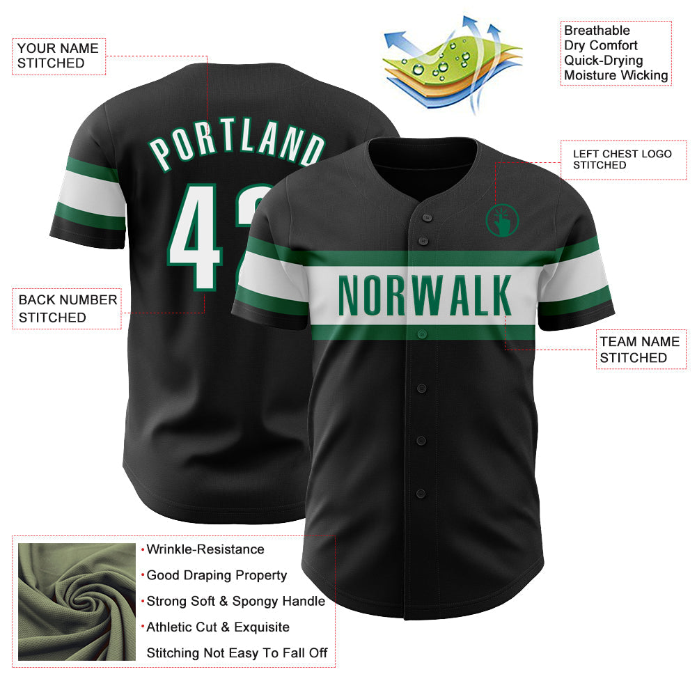 Custom Black White-Kelly Green Authentic Baseball Jersey view 3