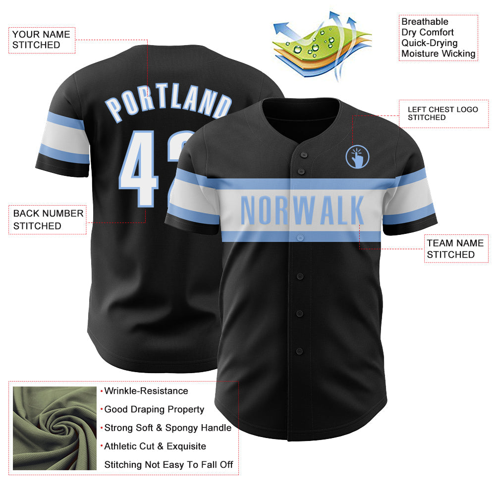 Custom Black White-Light Blue Authentic Baseball Jersey view 3