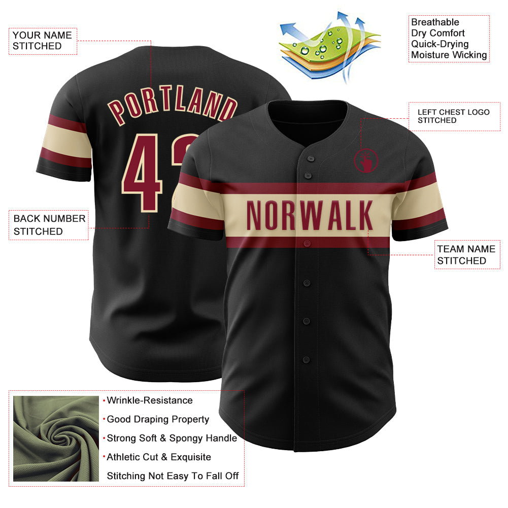 Custom Black Crimson-Cream Authentic Baseball Jersey view 3