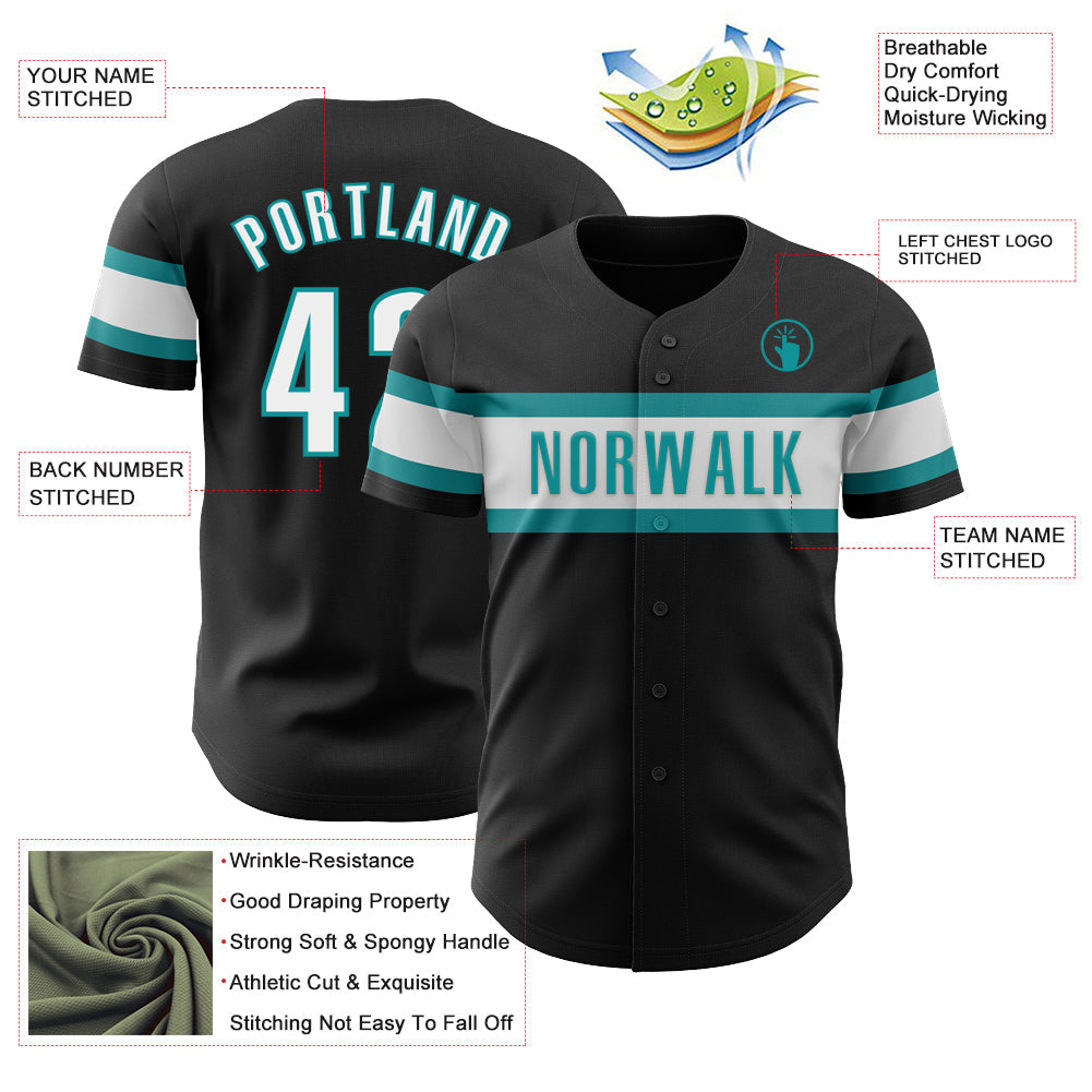 Custom Black White-Teal Authentic Baseball Jersey view 3