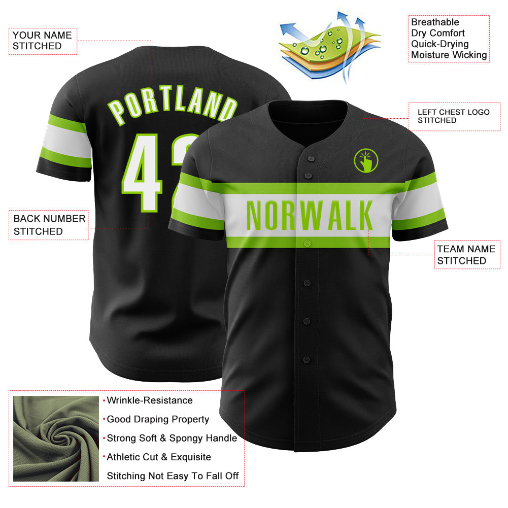 Custom Black White-Neon Green Authentic Baseball Jersey view 3