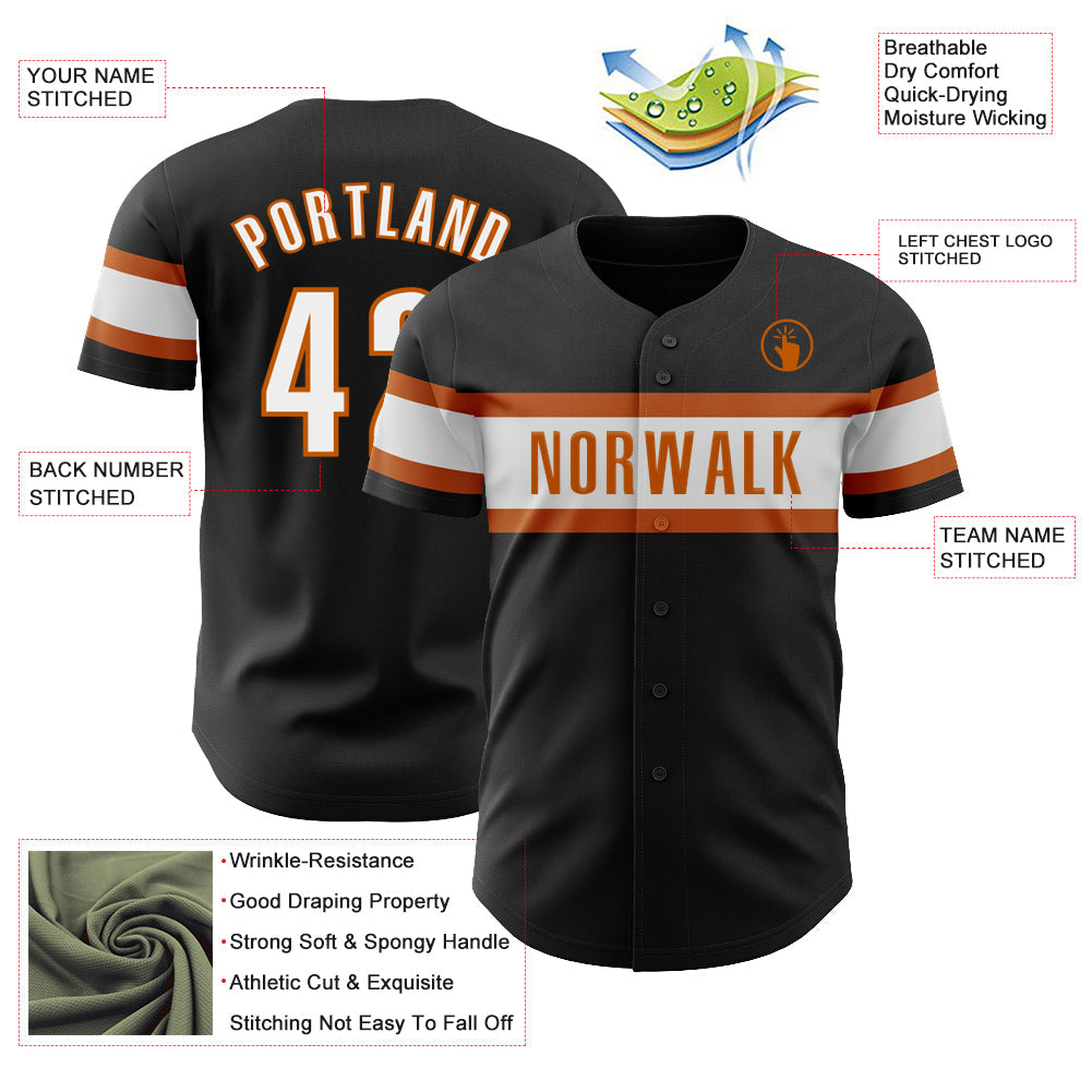 Custom Black White-Texas Orange Authentic Baseball Jersey view 3