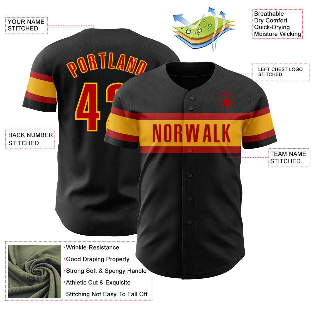 Custom Black Red-Gold Authentic Baseball Jersey view 3