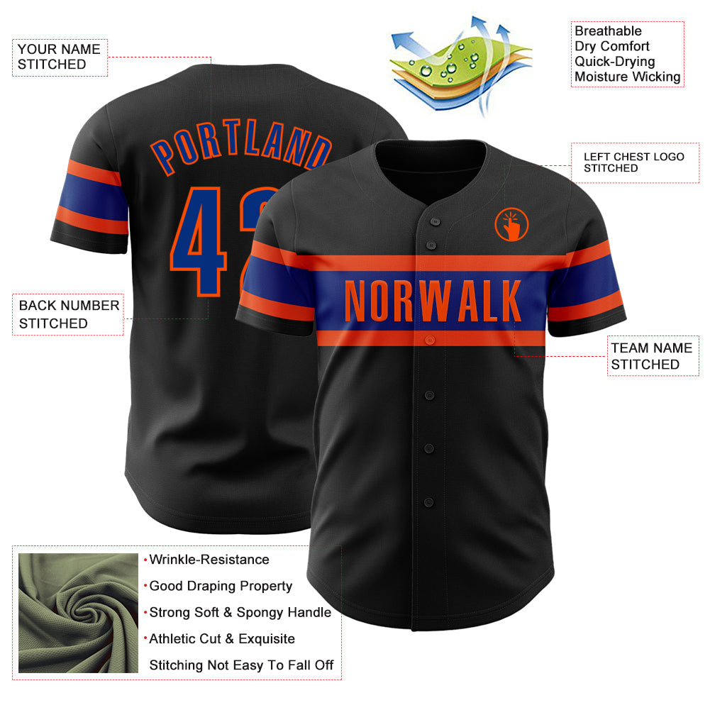 Custom Black Royal-Orange Authentic Baseball Jersey view 3