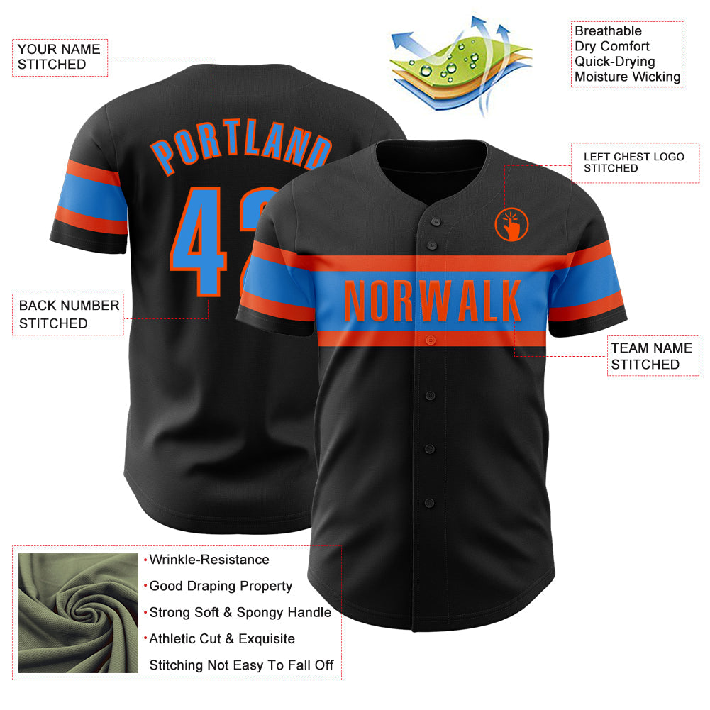 Custom Black Electric Blue-Orange Authentic Baseball Jersey view 3
