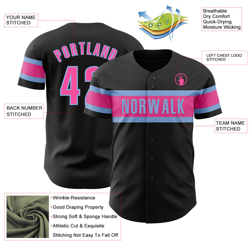 Custom Black Pink-Light Blue Authentic Baseball Jersey view 3