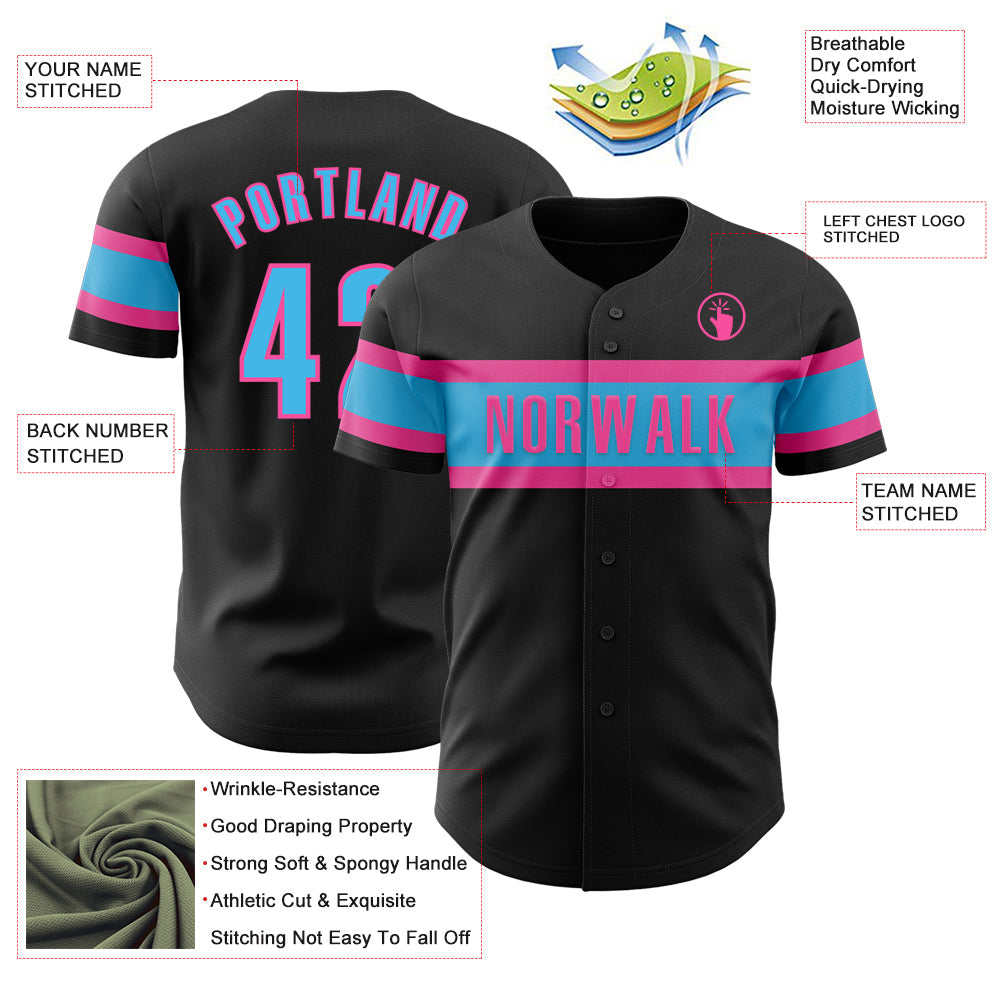 Custom Black Sky Blue-Pink Authentic Baseball Jersey view 3