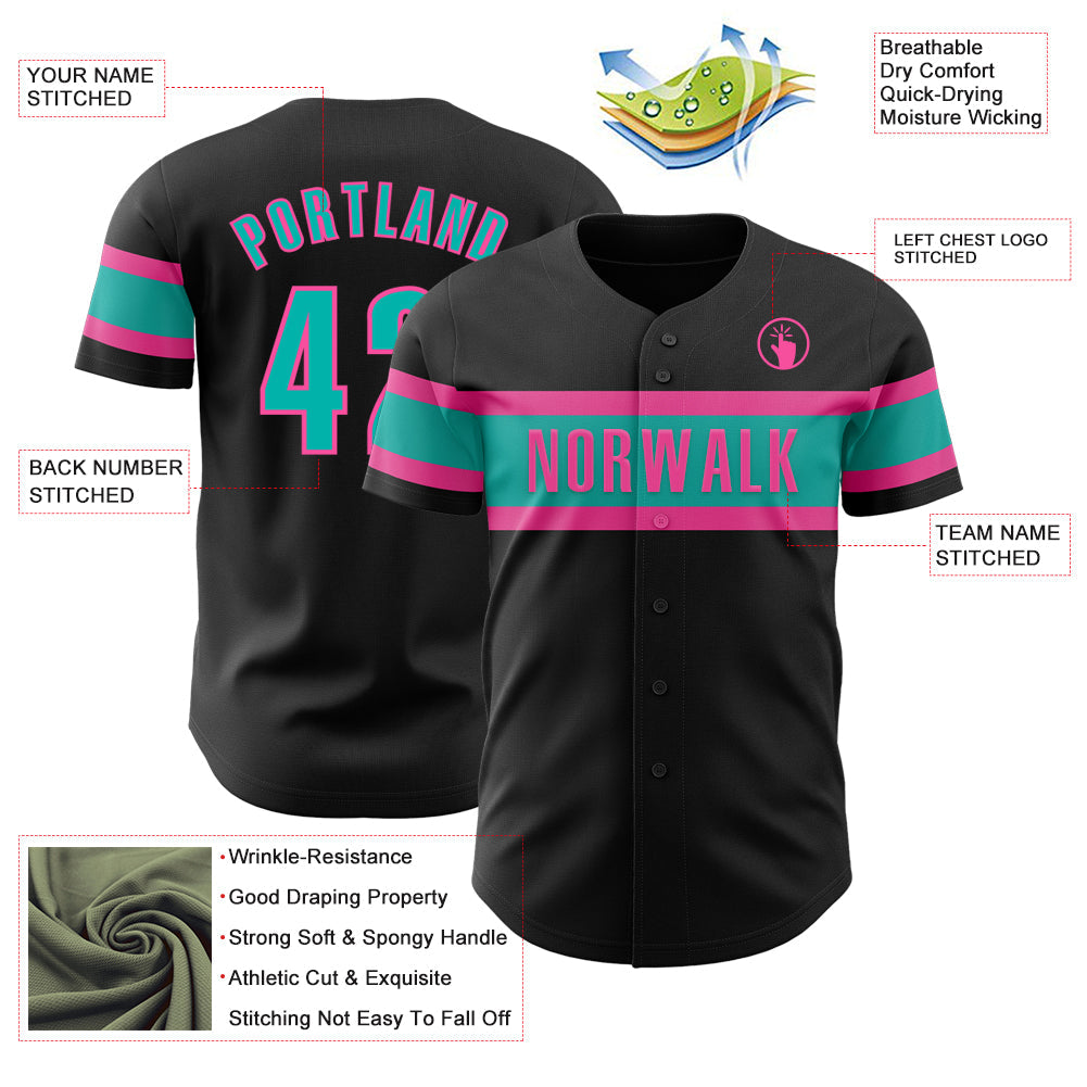 Custom Black Aqua-Pink Authentic Baseball Jersey view 3