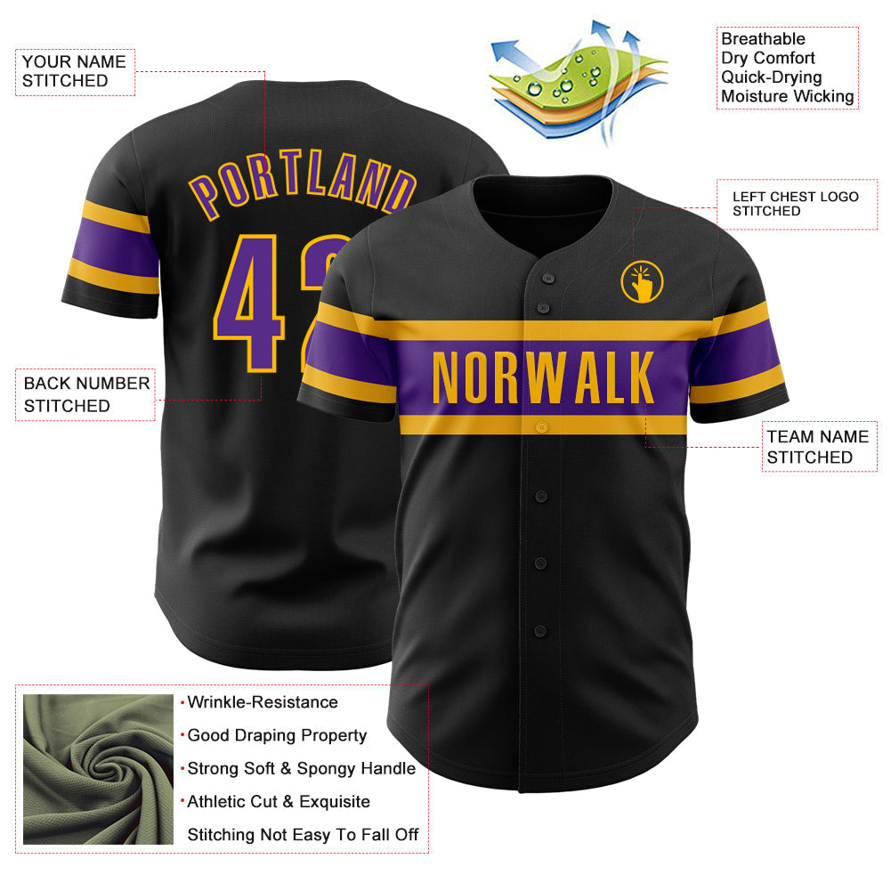 Custom Black Purple-Gold Authentic Baseball Jersey view 3