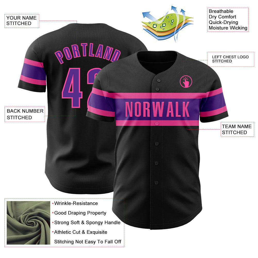 Custom Black Purple-Pink Authentic Baseball Jersey view 3