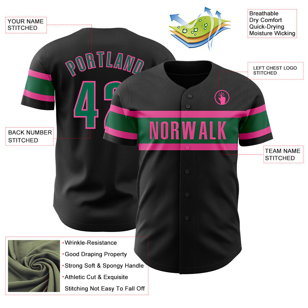 Custom Black Kelly Green-Pink Authentic Baseball Jersey view 3