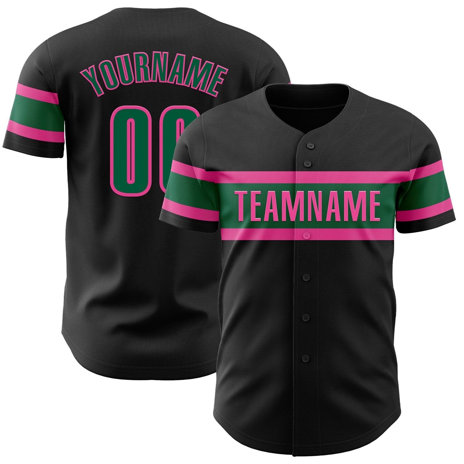 Custom Black Kelly Green-Pink Authentic Baseball Jersey - Main View