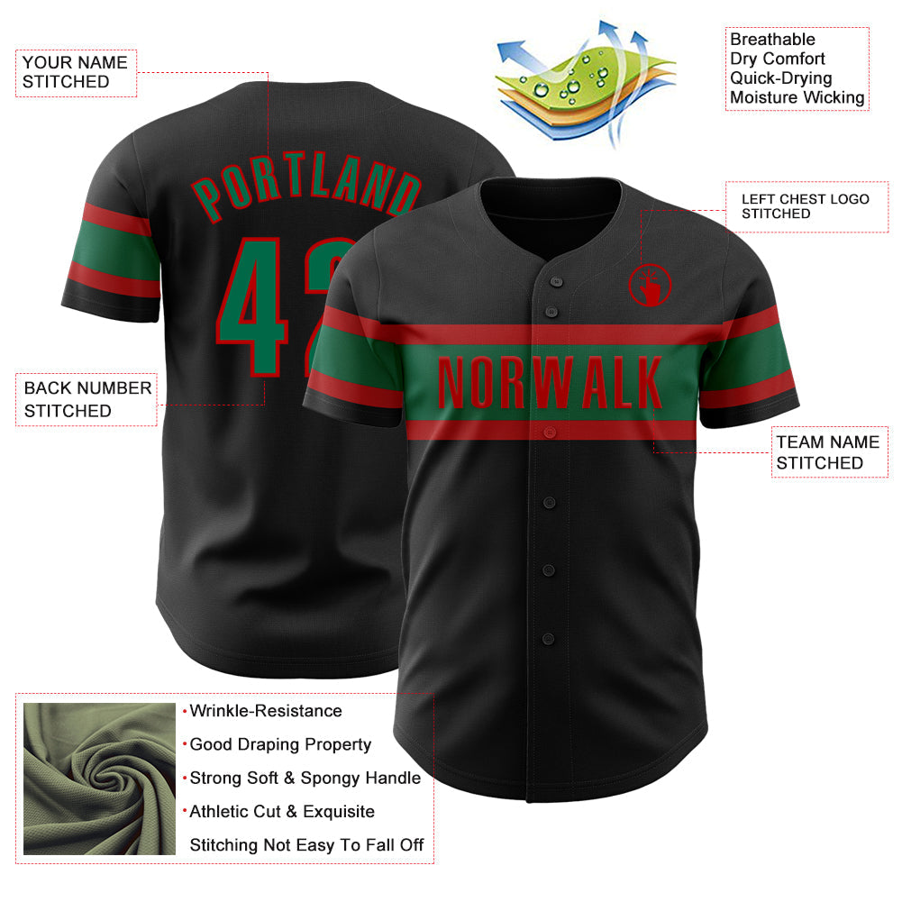 Custom Black Kelly Green-Red Authentic Baseball Jersey view 3