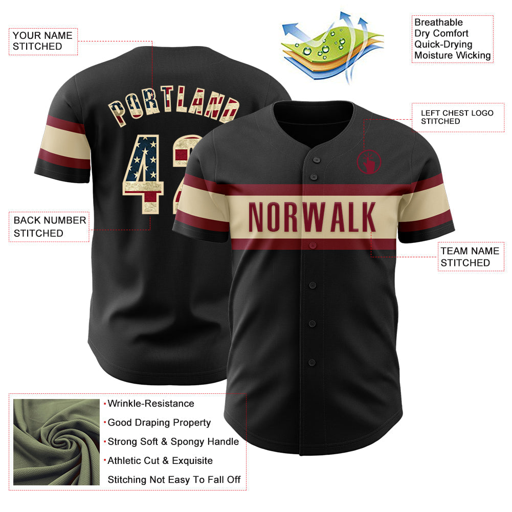 Custom Black Vintage USA Flag Cream-Crimson Authentic Baseball Jersey view 3