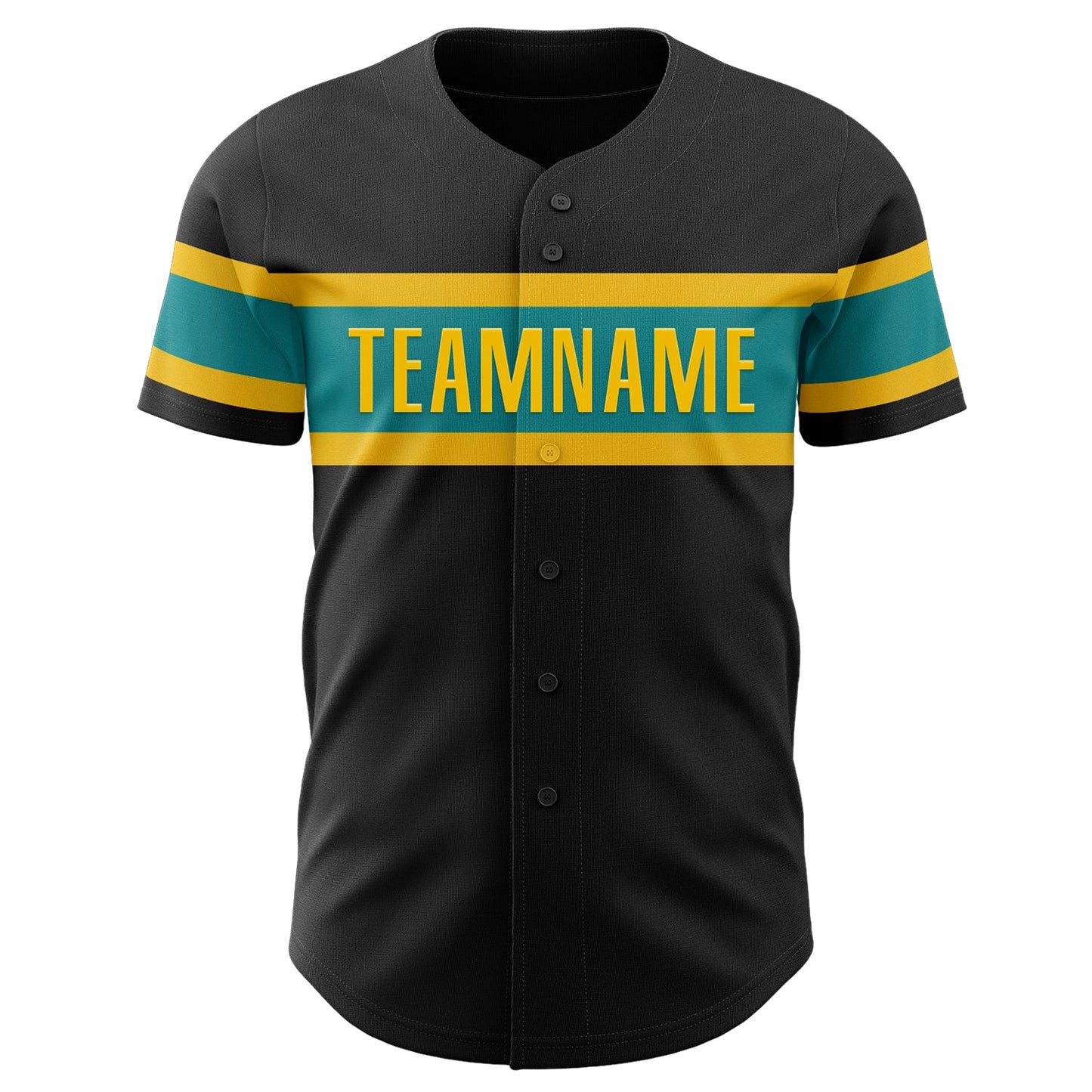 Custom Black Teal-Yellow Authentic Baseball Jersey view 2