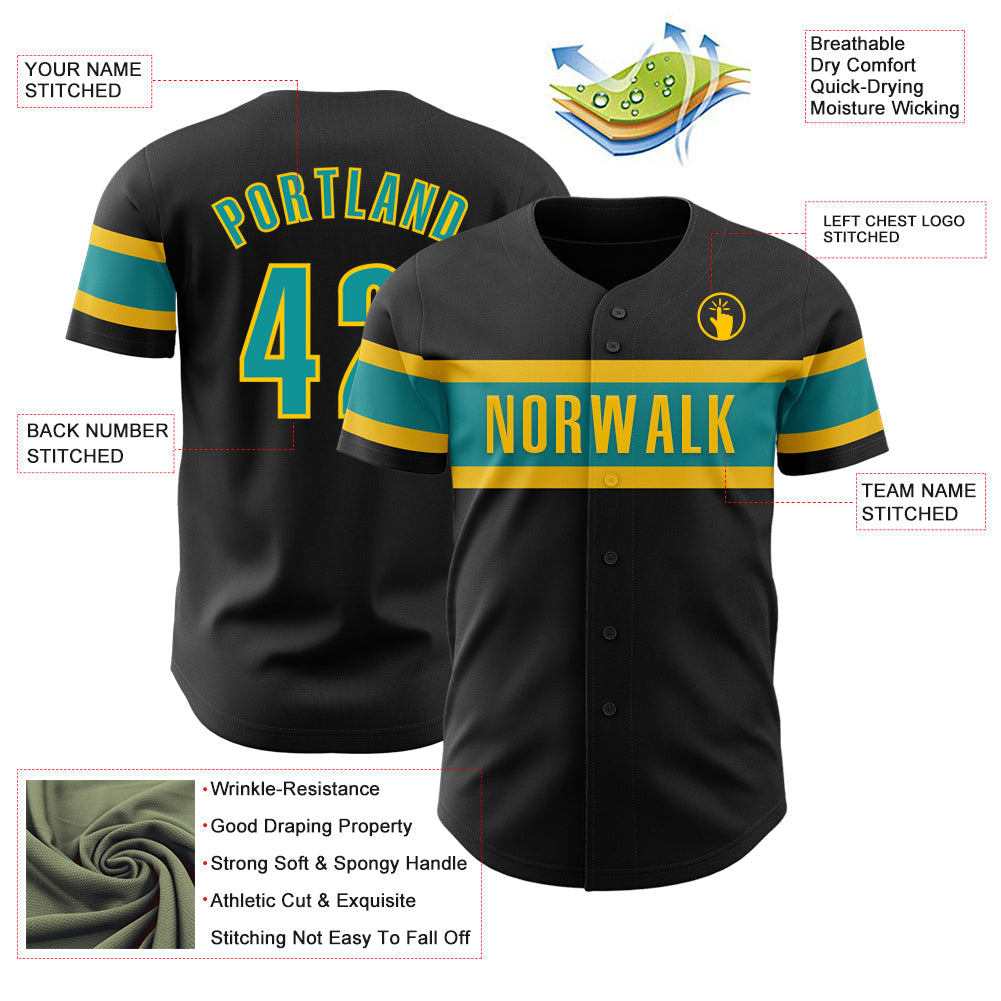 Custom Black Teal-Yellow Authentic Baseball Jersey view 3