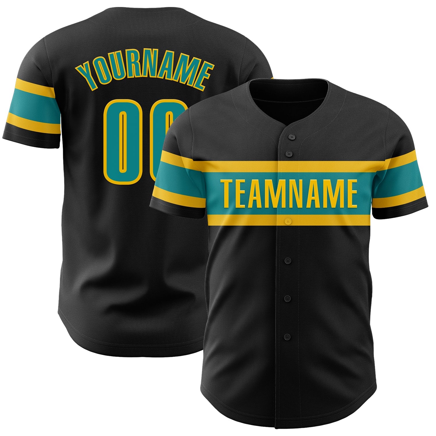 Custom Black Teal-Yellow Authentic Baseball Jersey - Main View