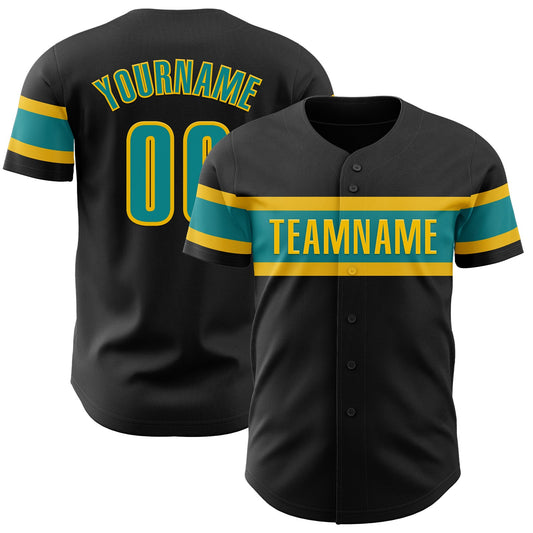 Custom Black Teal-Yellow Authentic Baseball Jersey - Main View