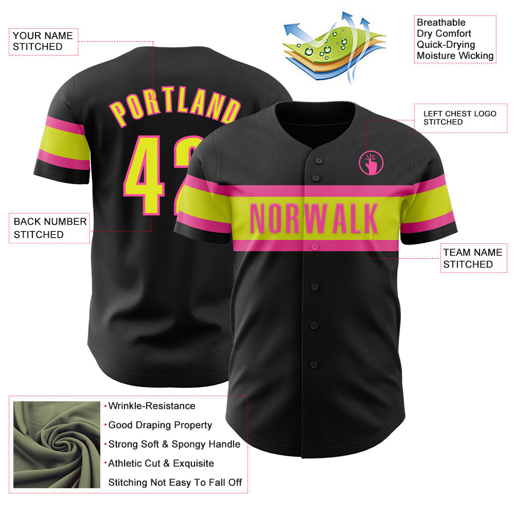 Custom Black Neon Yellow-Pink Authentic Baseball Jersey view 3