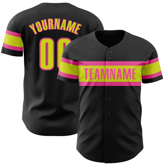 Custom Black Neon Yellow-Pink Authentic Baseball Jersey - Main View