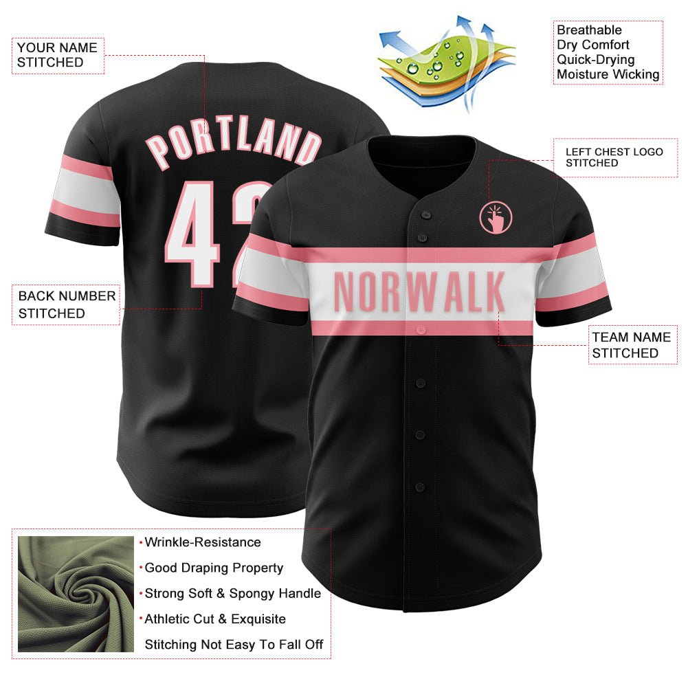 Custom Black White-Medium Pink Authentic Baseball Jersey view 3