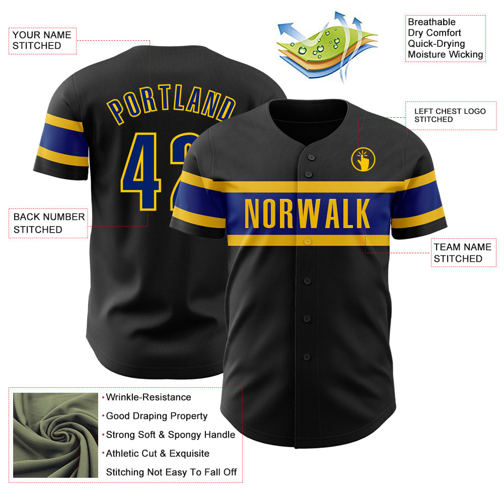 Custom Black Royal-Yellow Authentic Baseball Jersey view 3