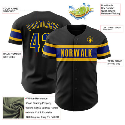 Custom Black Royal-Yellow Authentic Baseball Jersey view 3