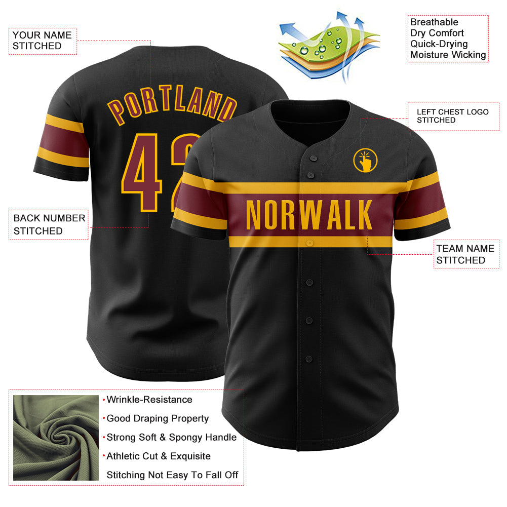 Custom Black Burgundy-Gold Authentic Baseball Jersey view 3