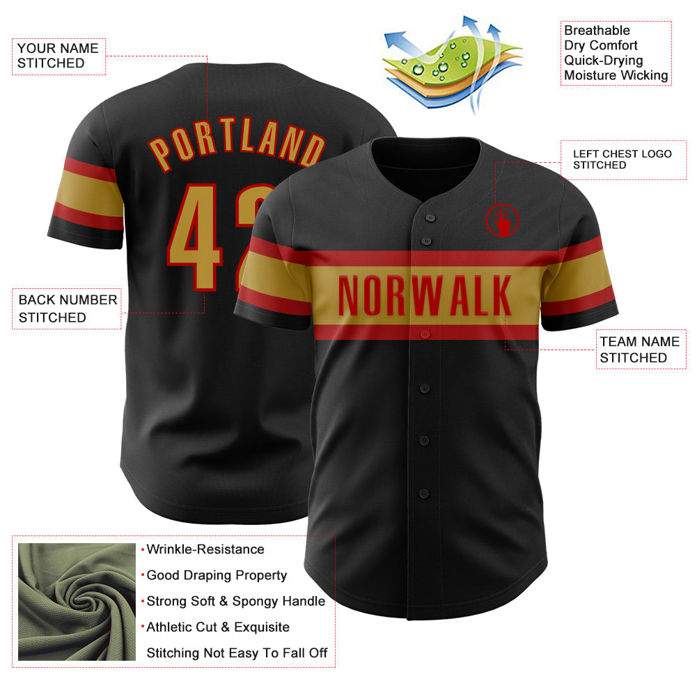 Custom Black Old Gold-Red Authentic Baseball Jersey view 3