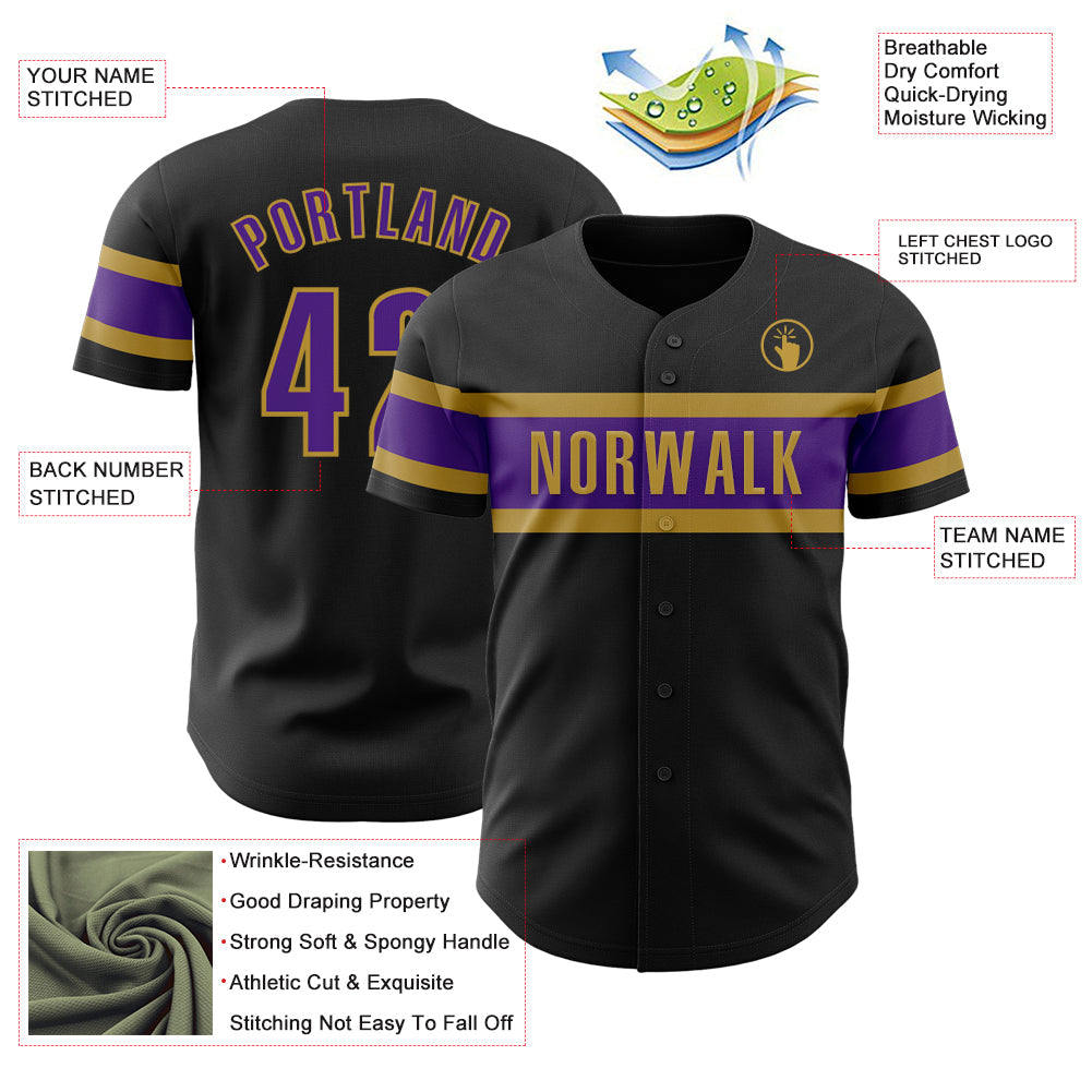 Custom Black Purple-Old Gold Authentic Baseball Jersey view 3