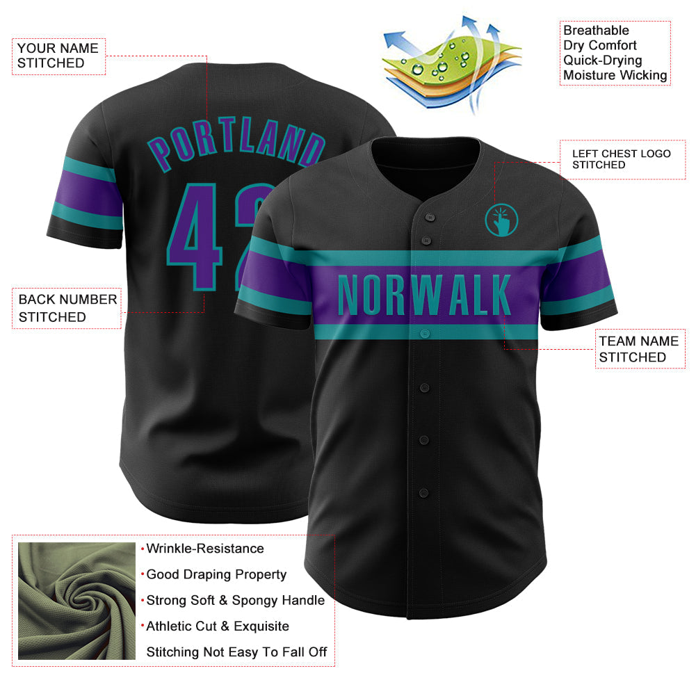 Custom Black Purple-Teal Authentic Baseball Jersey view 3